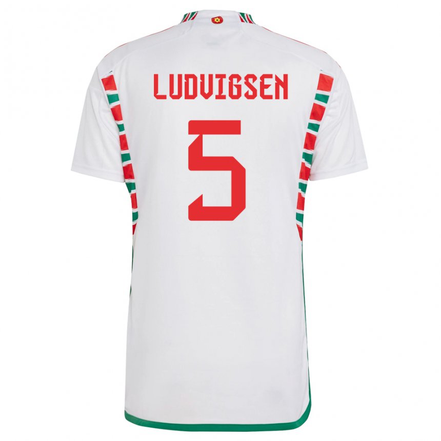 Férfi Walesi Kai Ludvigsen #5 Fehér Idegenbeli Jersey 22-24 Mez Póló Ing