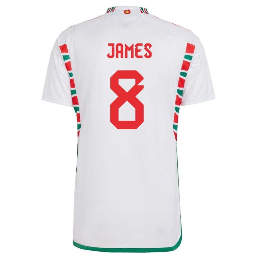 Női Walesi Angharad James #8 Fehér Idegenbeli Jersey 22-24 Mez Póló Ing