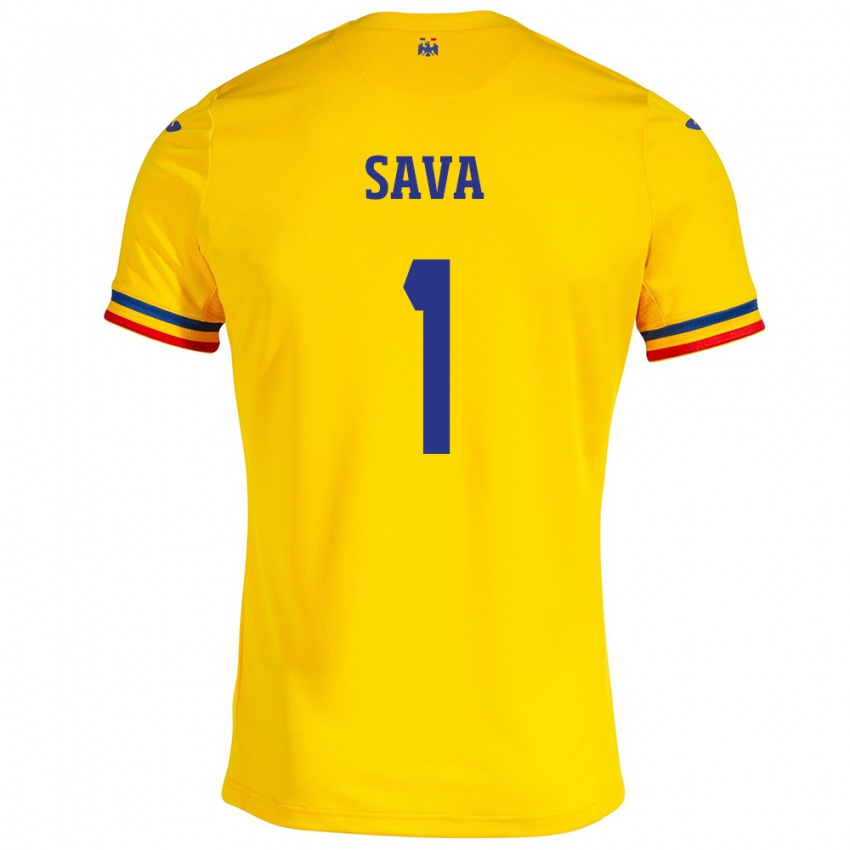 Gyermek Románia Răzvan Sava #1 Sárga Hazai Jersey 24-26 Mez Póló Ing