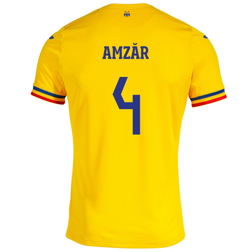 Gyermek Románia Costin Amzăr #4 Sárga Hazai Jersey 24-26 Mez Póló Ing