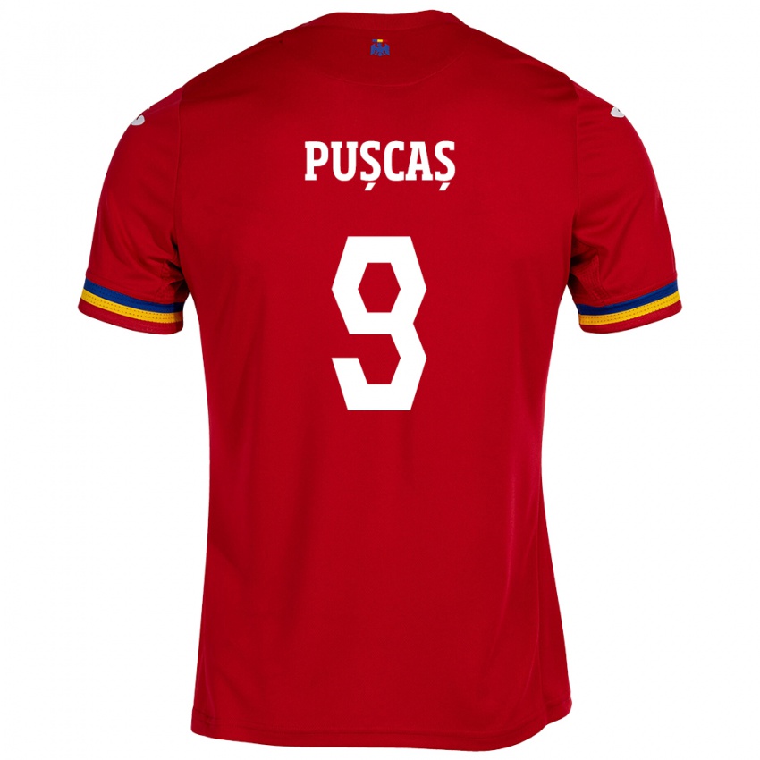 Gyermek Románia George Pușcaș #9 Piros Idegenbeli Jersey 24-26 Mez Póló Ing