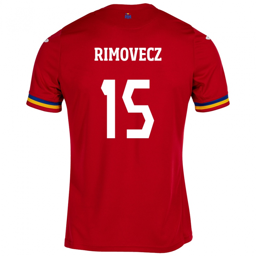 Gyermek Románia Sergiu Rimovecz #15 Piros Idegenbeli Jersey 24-26 Mez Póló Ing