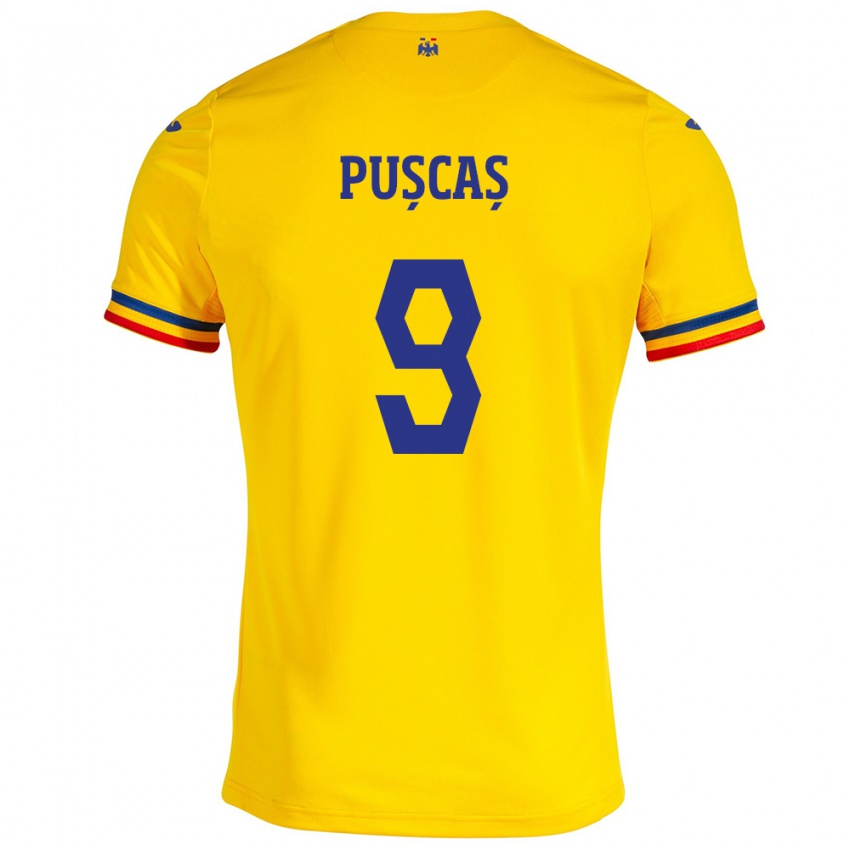 Férfi Románia George Pușcaș #9 Sárga Hazai Jersey 24-26 Mez Póló Ing