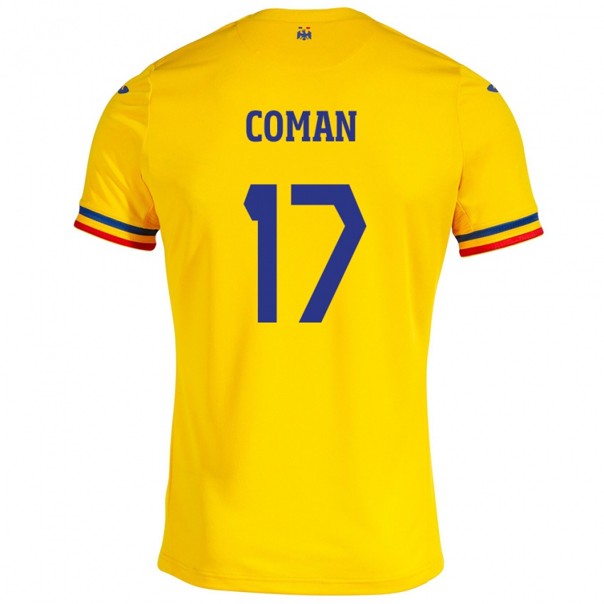 Férfi Románia Florinel Coman #17 Sárga Hazai Jersey 24-26 Mez Póló Ing