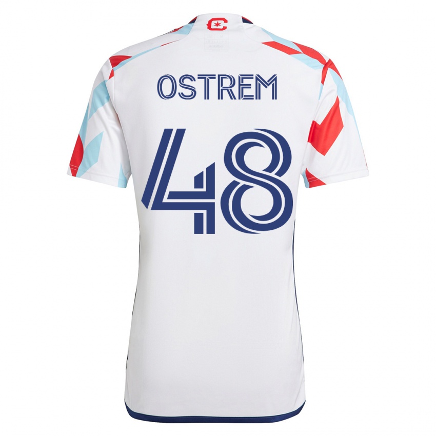 Gyermek Charlie Ostrem #48 Fehér Kék Idegenbeli Jersey 2023/24 Mez Póló Ing