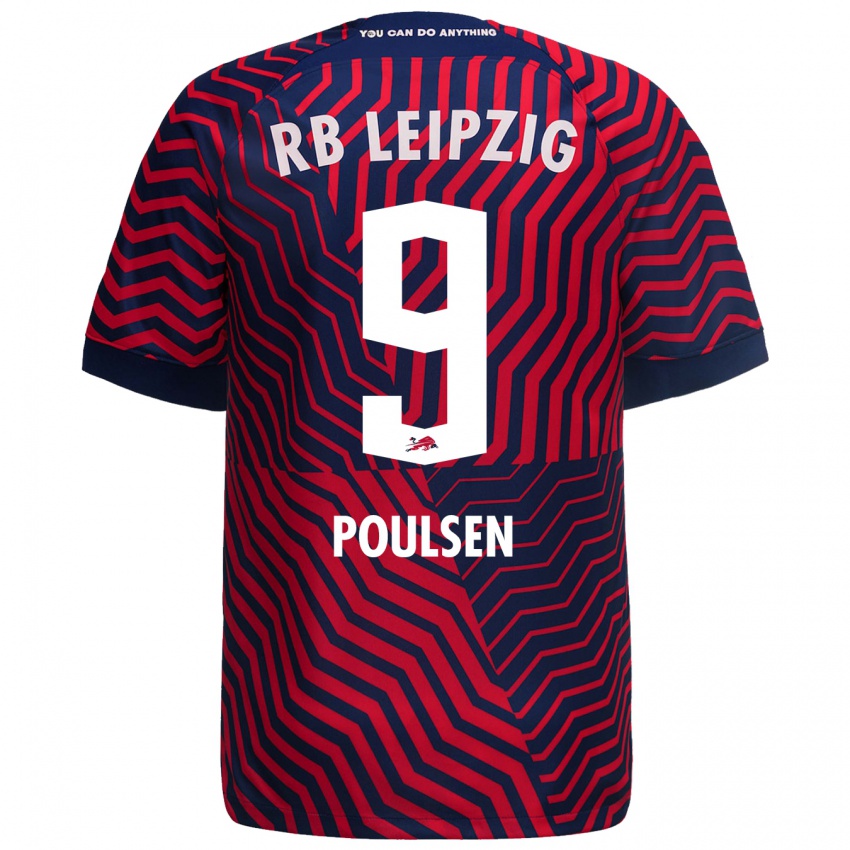 Férfi Yussuf Poulsen #9 Kék Piros Idegenbeli Jersey 2023/24 Mez Póló Ing