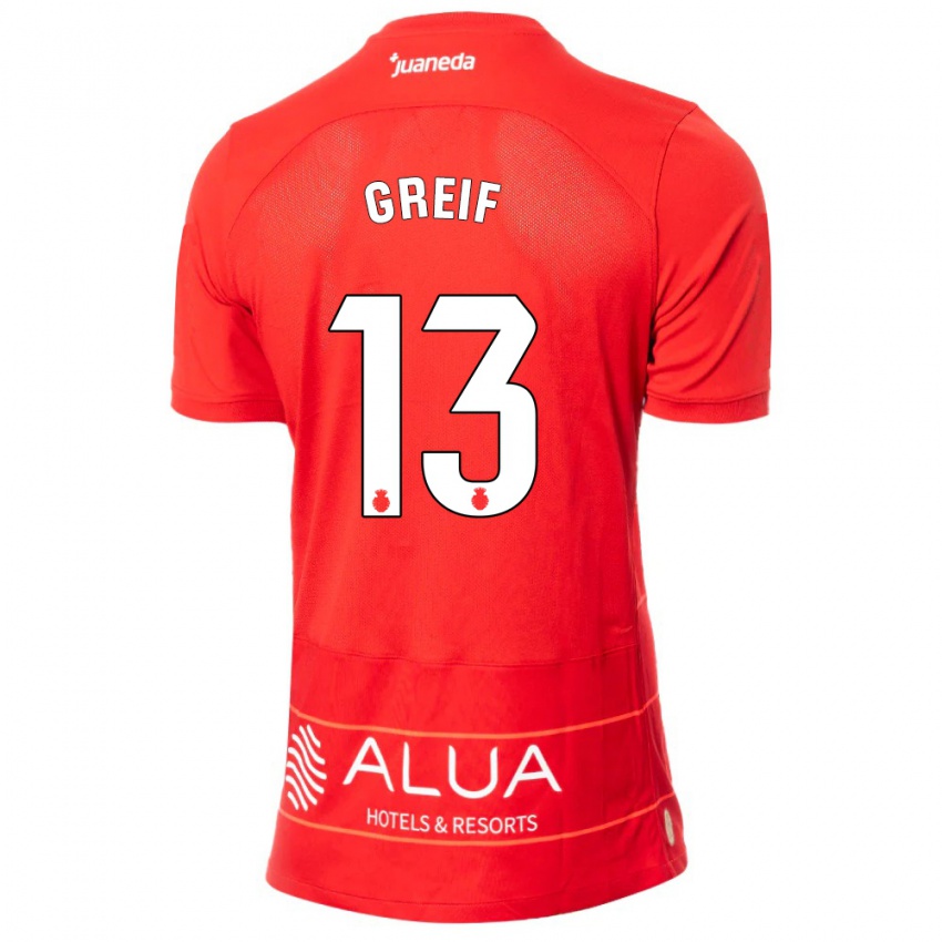 Női Dominik Greif #13 Piros Hazai Jersey 2023/24 Mez Póló Ing