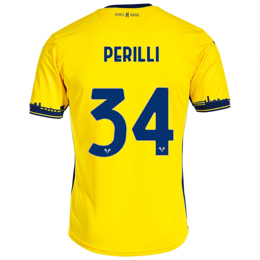 Gyermek Simone Perilli #34 Sárga Idegenbeli Jersey 2023/24 Mez Póló Ing