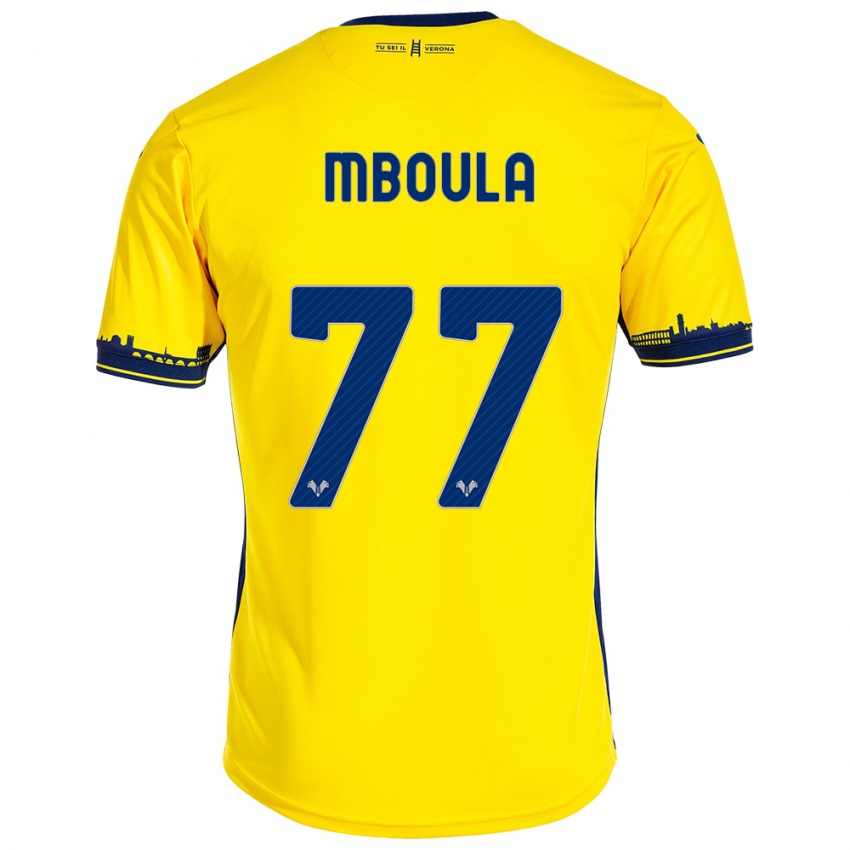 Gyermek Jordi Mboula #77 Sárga Idegenbeli Jersey 2023/24 Mez Póló Ing