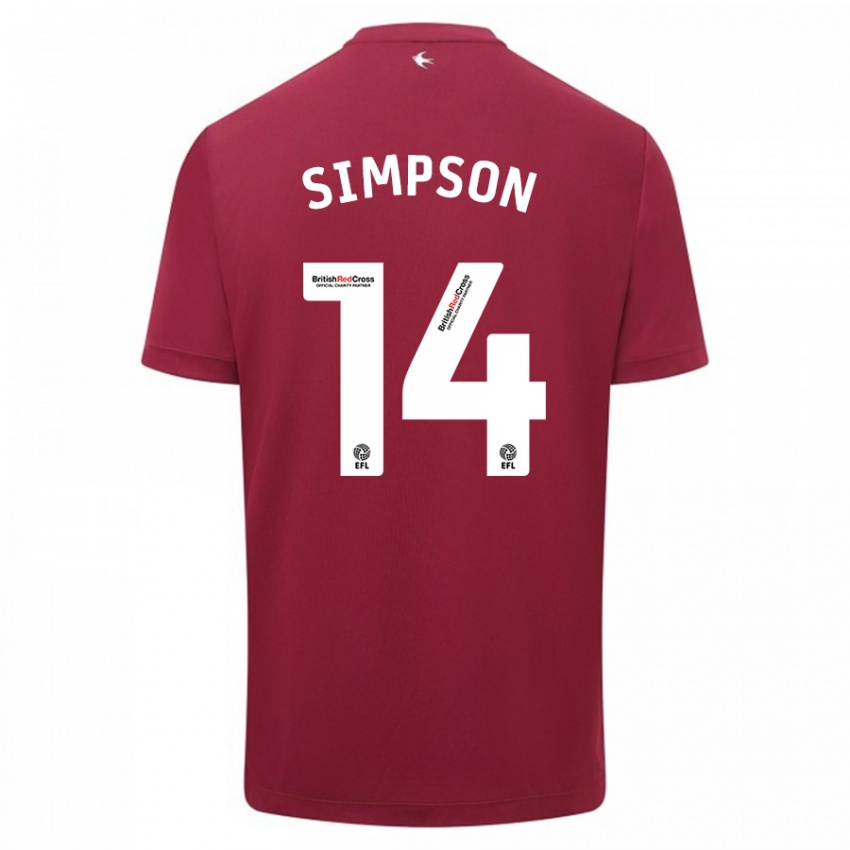 Gyermek Jasmine Simpson #14 Piros Idegenbeli Jersey 2023/24 Mez Póló Ing