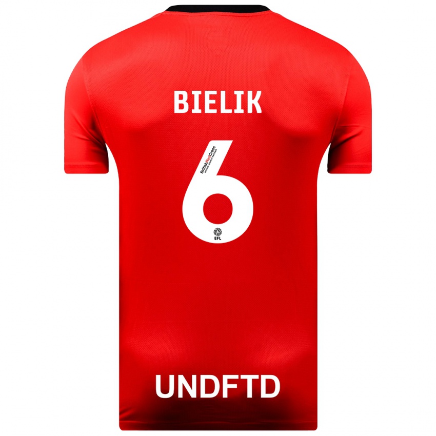 Férfi Krystian Bielik #6 Piros Idegenbeli Jersey 2023/24 Mez Póló Ing