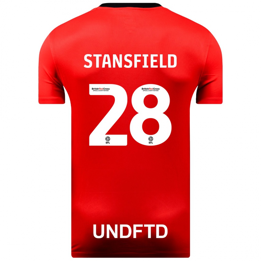 Férfi Jay Stansfield #28 Piros Idegenbeli Jersey 2023/24 Mez Póló Ing