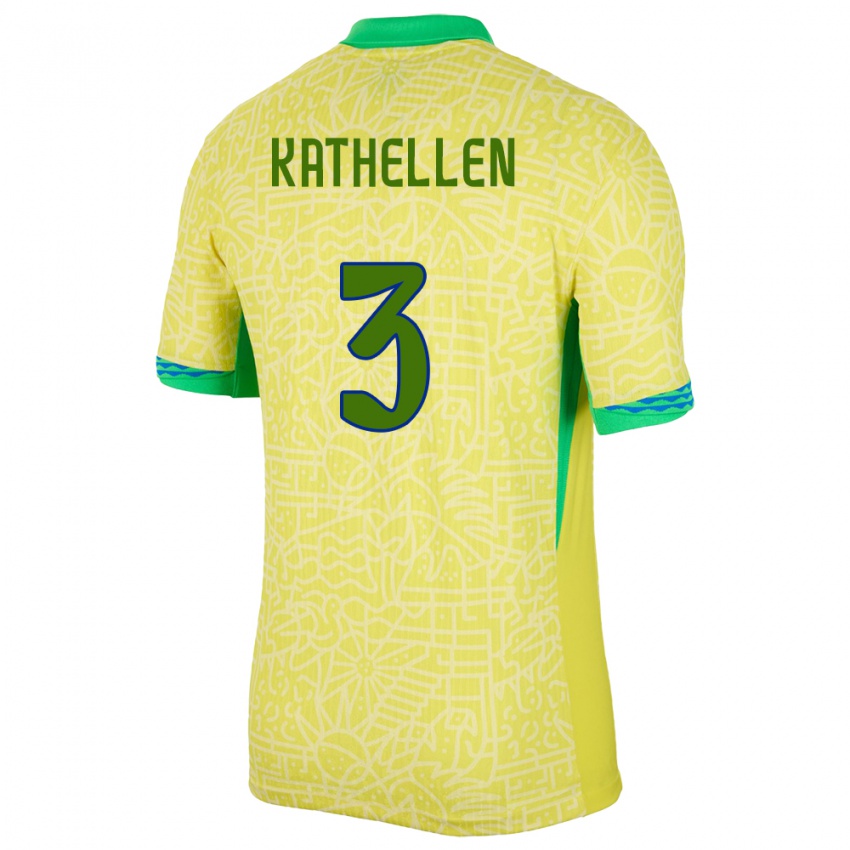 Gyermek Brazília Kathellen #3 Sárga Hazai Jersey 24-26 Mez Póló Ing