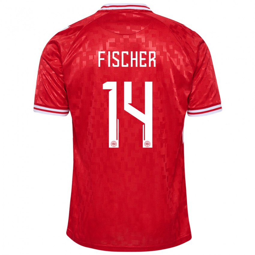 Gyermek Dánia Mikkel Fischer #14 Piros Hazai Jersey 24-26 Mez Póló Ing