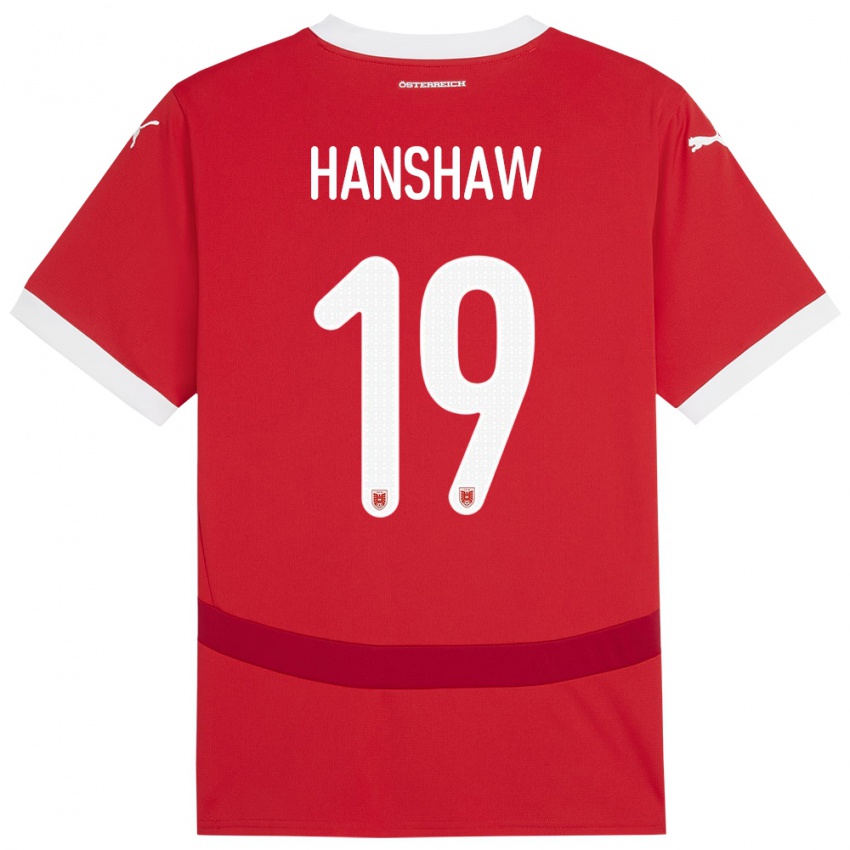 Gyermek Ausztria Verena Hanshaw #19 Piros Hazai Jersey 24-26 Mez Póló Ing