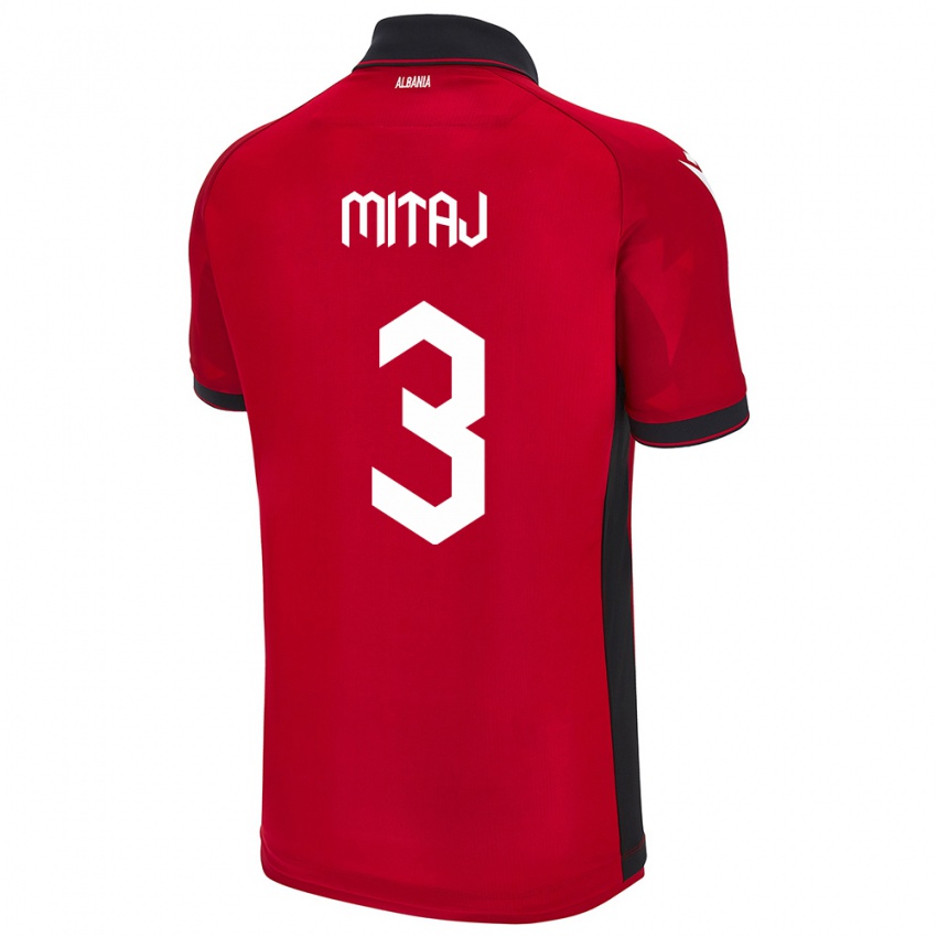 Gyermek Albania Mario Mitaj #3 Piros Hazai Jersey 24-26 Mez Póló Ing