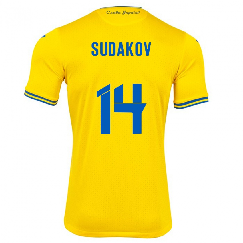 Gyermek Ukrajna Georgiy Sudakov #14 Sárga Hazai Jersey 24-26 Mez Póló Ing