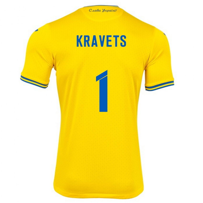 Gyermek Ukrajna Vladyslav Kravets #1 Sárga Hazai Jersey 24-26 Mez Póló Ing