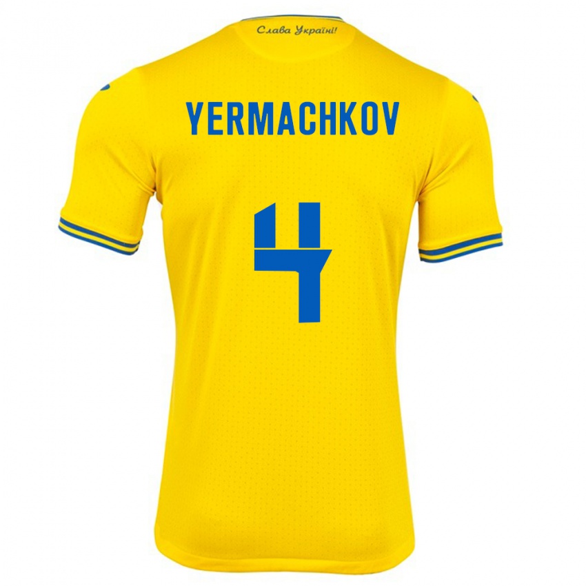 Gyermek Ukrajna Ivan Yermachkov #4 Sárga Hazai Jersey 24-26 Mez Póló Ing