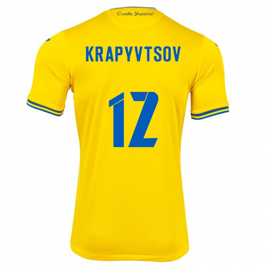 Gyermek Ukrajna Vladyslav Krapyvtsov #12 Sárga Hazai Jersey 24-26 Mez Póló Ing