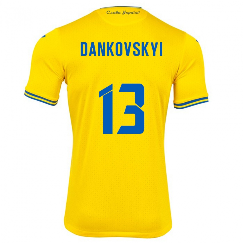 Gyermek Ukrajna Yegor Dankovskyi #13 Sárga Hazai Jersey 24-26 Mez Póló Ing