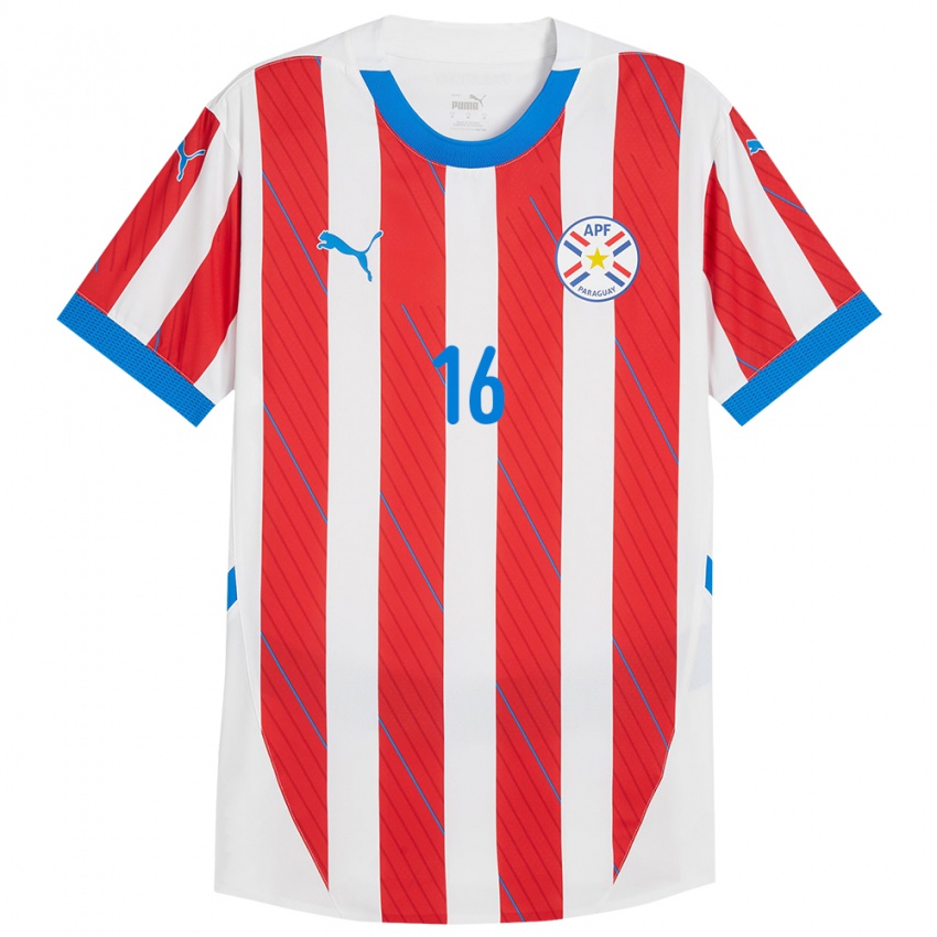 Gyermek Paraguay Lucas Guiñazú #16 Fehér Piros Hazai Jersey 24-26 Mez Póló Ing