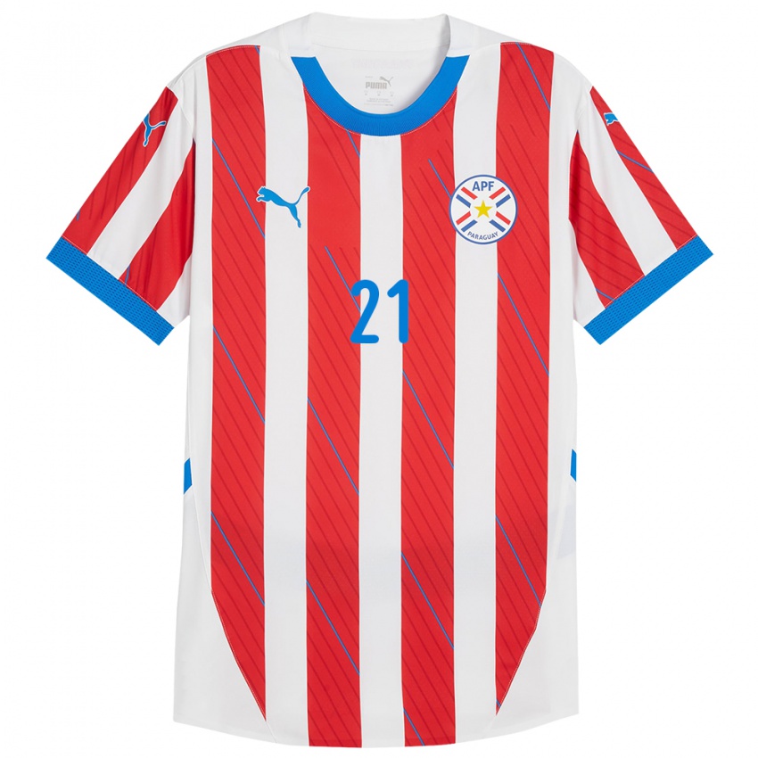 Gyermek Paraguay María Martínez #21 Fehér Piros Hazai Jersey 24-26 Mez Póló Ing