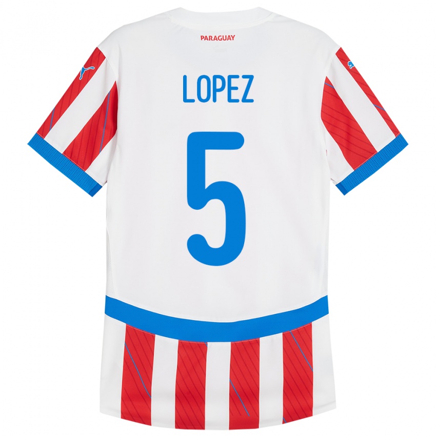 Gyermek Paraguay Óscar López #5 Fehér Piros Hazai Jersey 24-26 Mez Póló Ing