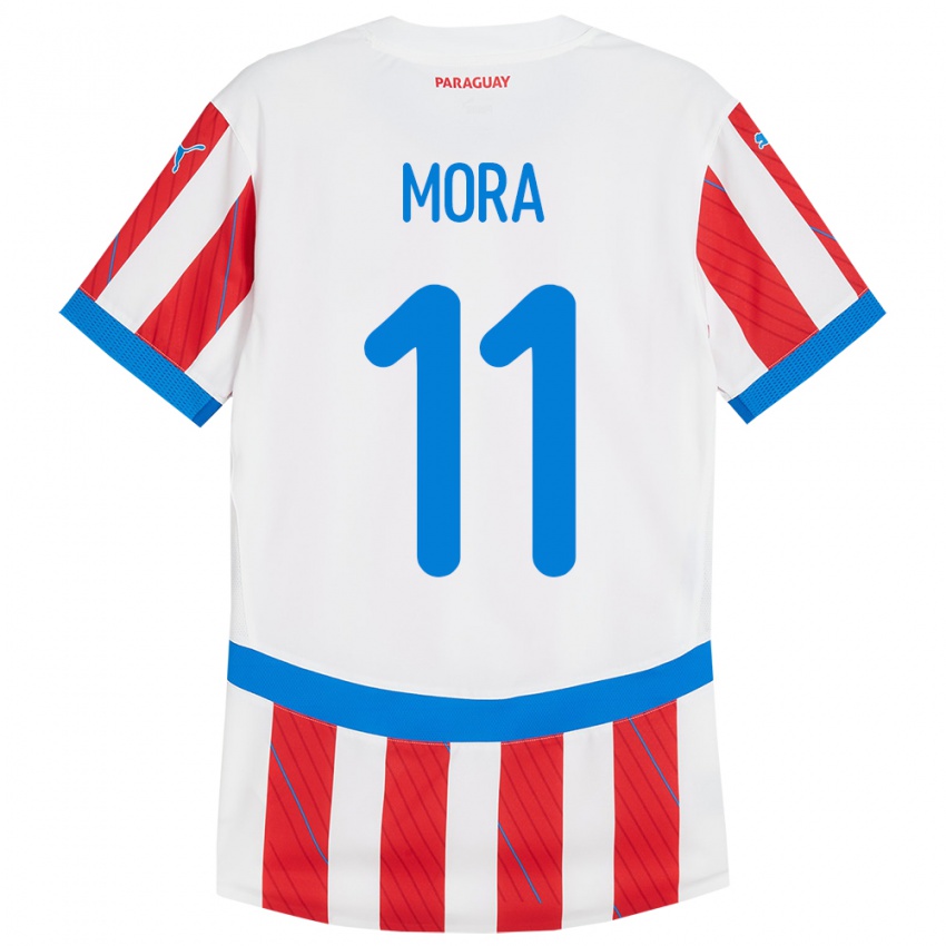 Gyermek Paraguay Jorge Mora #11 Fehér Piros Hazai Jersey 24-26 Mez Póló Ing