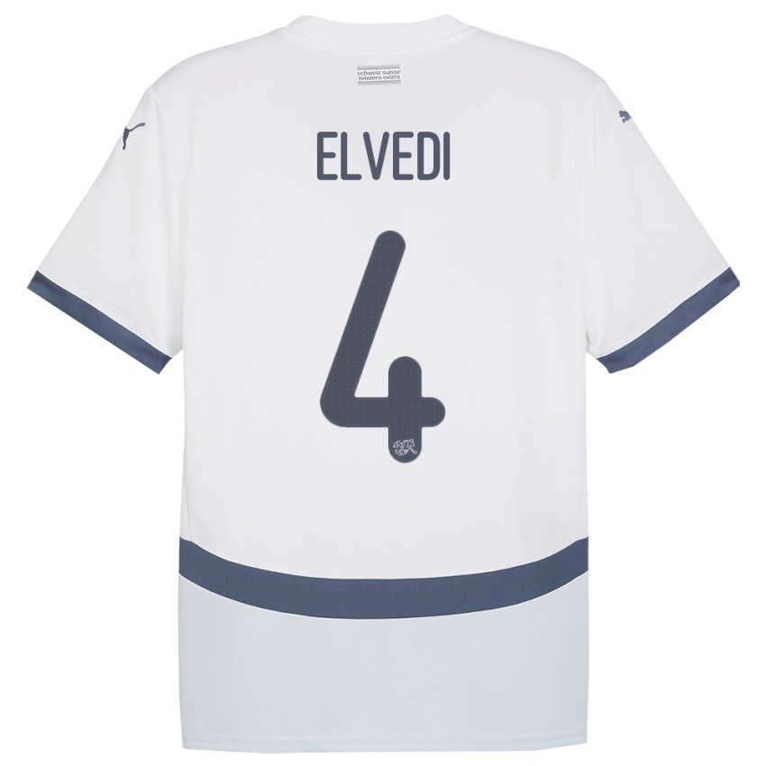 Gyermek Svájc Nico Elvedi #4 Fehér Idegenbeli Jersey 24-26 Mez Póló Ing