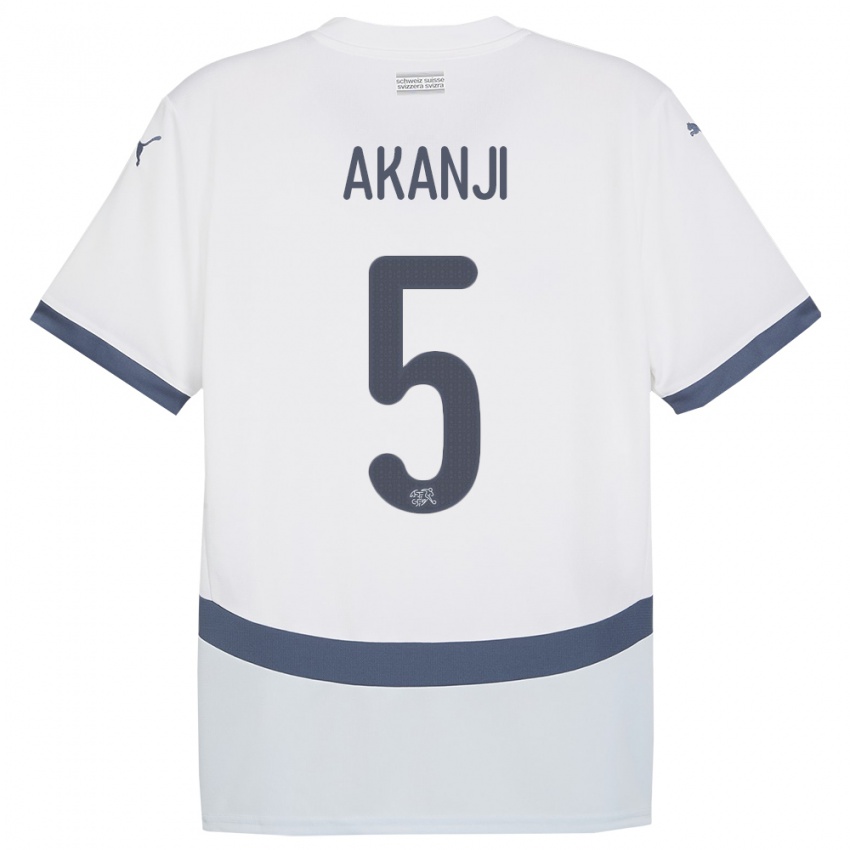 Gyermek Svájc Manuel Akanji #5 Fehér Idegenbeli Jersey 24-26 Mez Póló Ing