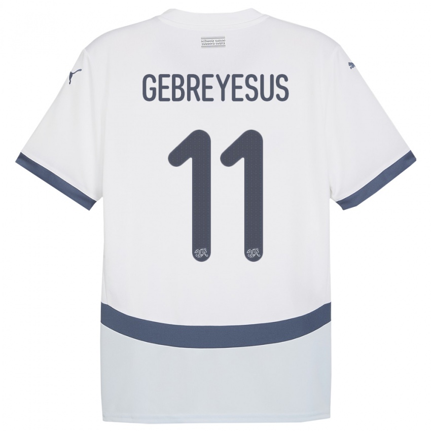 Gyermek Svájc Esey Gebreyesus #11 Fehér Idegenbeli Jersey 24-26 Mez Póló Ing