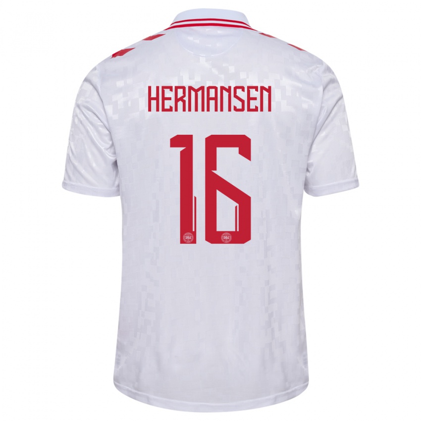 Gyermek Dánia Mads Hermansen #16 Fehér Idegenbeli Jersey 24-26 Mez Póló Ing