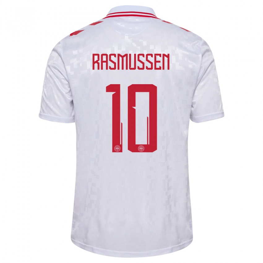 Gyermek Dánia Christian Rasmussen #10 Fehér Idegenbeli Jersey 24-26 Mez Póló Ing