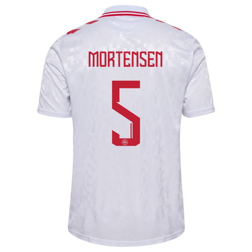 Gyermek Dánia Gustav Mortensen #5 Fehér Idegenbeli Jersey 24-26 Mez Póló Ing