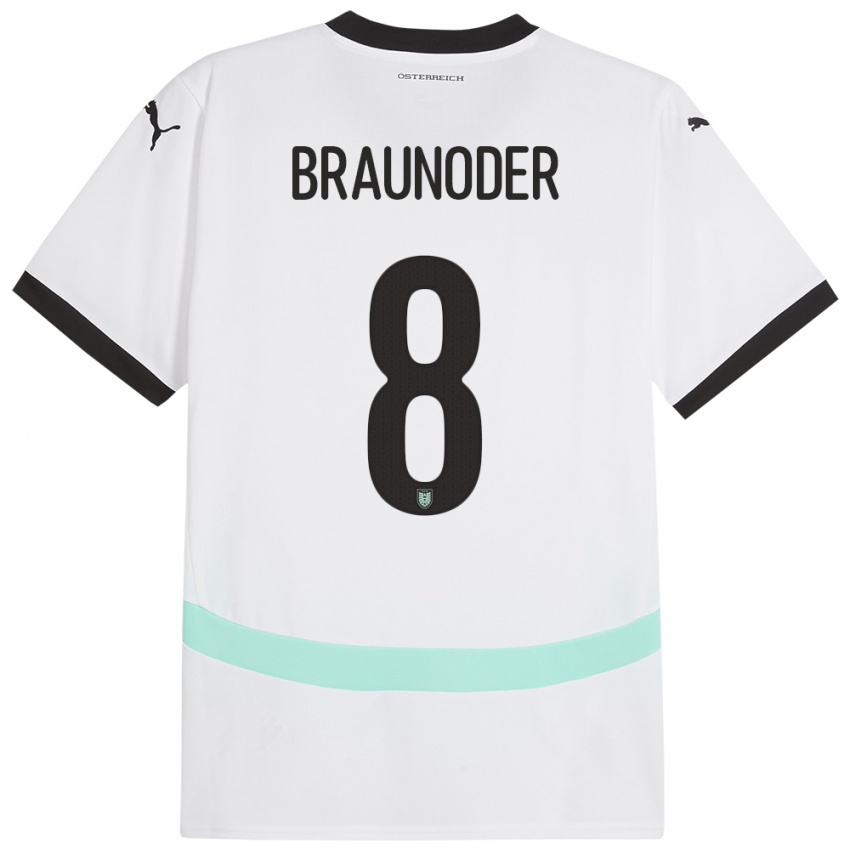 Gyermek Ausztria Matthias Braunöder #8 Fehér Idegenbeli Jersey 24-26 Mez Póló Ing