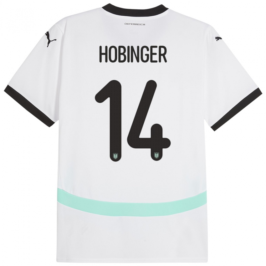 Gyermek Ausztria Marie Höbinger #14 Fehér Idegenbeli Jersey 24-26 Mez Póló Ing