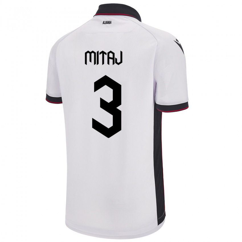 Gyermek Albania Mario Mitaj #3 Fehér Idegenbeli Jersey 24-26 Mez Póló Ing