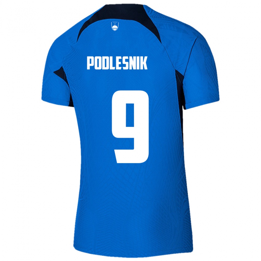 Gyermek Szlovénia Nik Podlesnik #9 Kék Idegenbeli Jersey 24-26 Mez Póló Ing