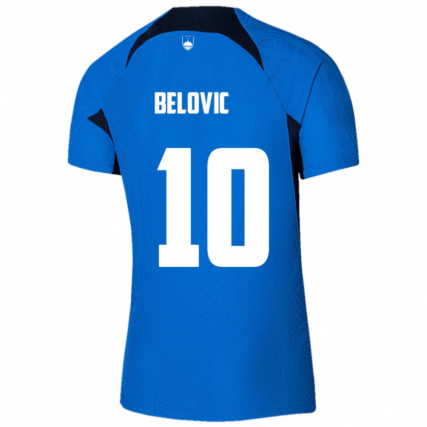 Gyermek Szlovénia Nik Belovic #10 Kék Idegenbeli Jersey 24-26 Mez Póló Ing