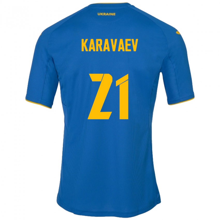 Gyermek Ukrajna Oleksandr Karavaev #21 Kék Idegenbeli Jersey 24-26 Mez Póló Ing