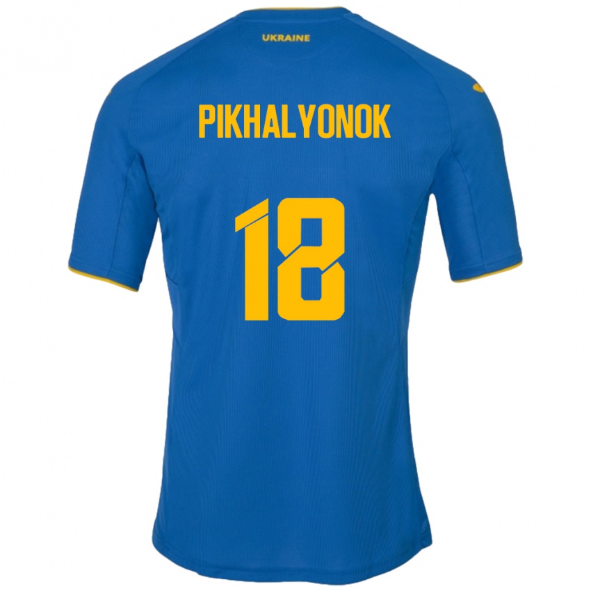 Gyermek Ukrajna Oleksandr Pikhalyonok #18 Kék Idegenbeli Jersey 24-26 Mez Póló Ing