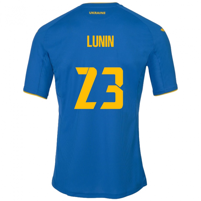 Gyermek Ukrajna Andriy Lunin #23 Kék Idegenbeli Jersey 24-26 Mez Póló Ing