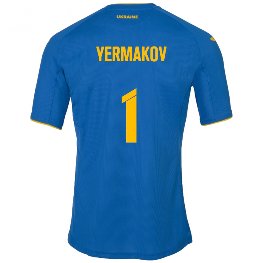 Gyermek Ukrajna Georgiy Yermakov #1 Kék Idegenbeli Jersey 24-26 Mez Póló Ing