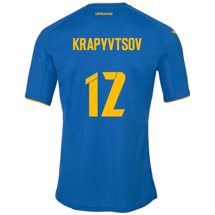 Gyermek Ukrajna Vladyslav Krapyvtsov #12 Kék Idegenbeli Jersey 24-26 Mez Póló Ing