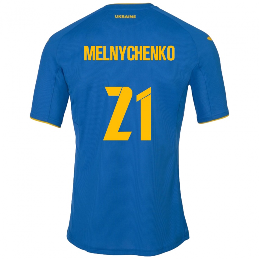 Gyermek Ukrajna Maksym Melnychenko #21 Kék Idegenbeli Jersey 24-26 Mez Póló Ing