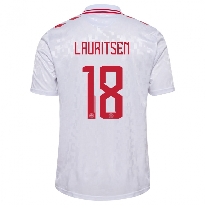 Férfi Dánia Tobias Lauritsen #18 Fehér Idegenbeli Jersey 24-26 Mez Póló Ing