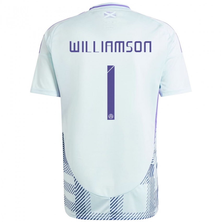 Férfi Skócia Woody Williamson #1 Világos Menta Kék Idegenbeli Jersey 24-26 Mez Póló Ing