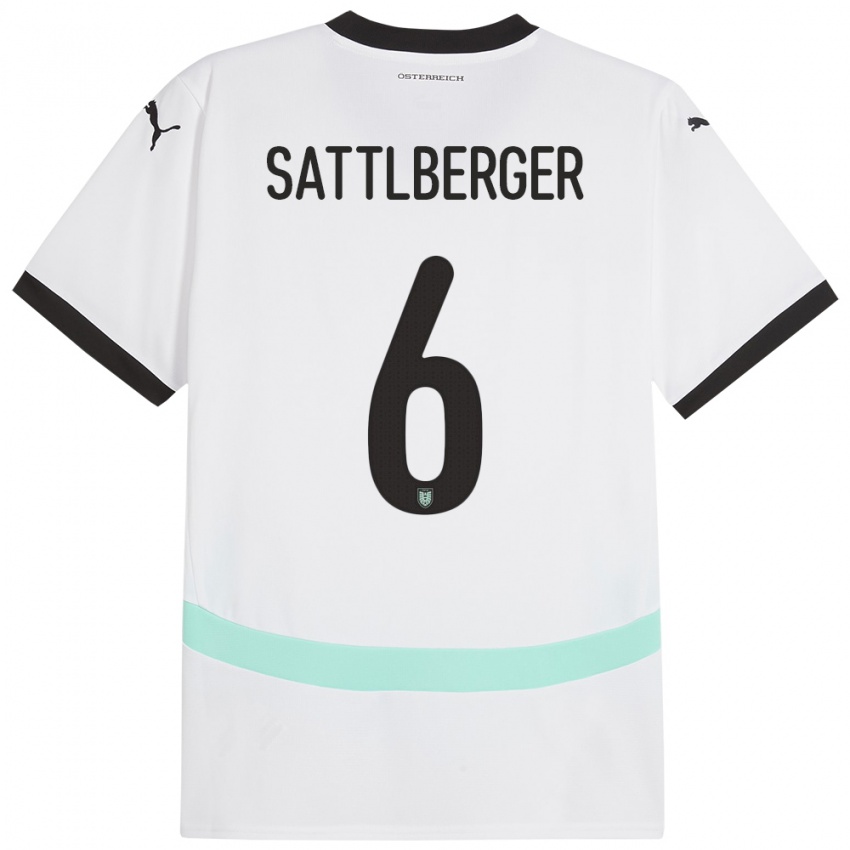 Férfi Ausztria Nikolas Sattlberger #6 Fehér Idegenbeli Jersey 24-26 Mez Póló Ing