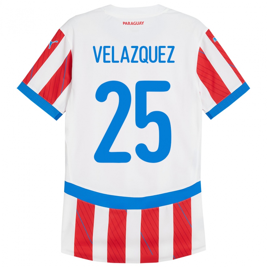 Női Paraguay Gustavo Velázquez #25 Fehér Piros Hazai Jersey 24-26 Mez Póló Ing